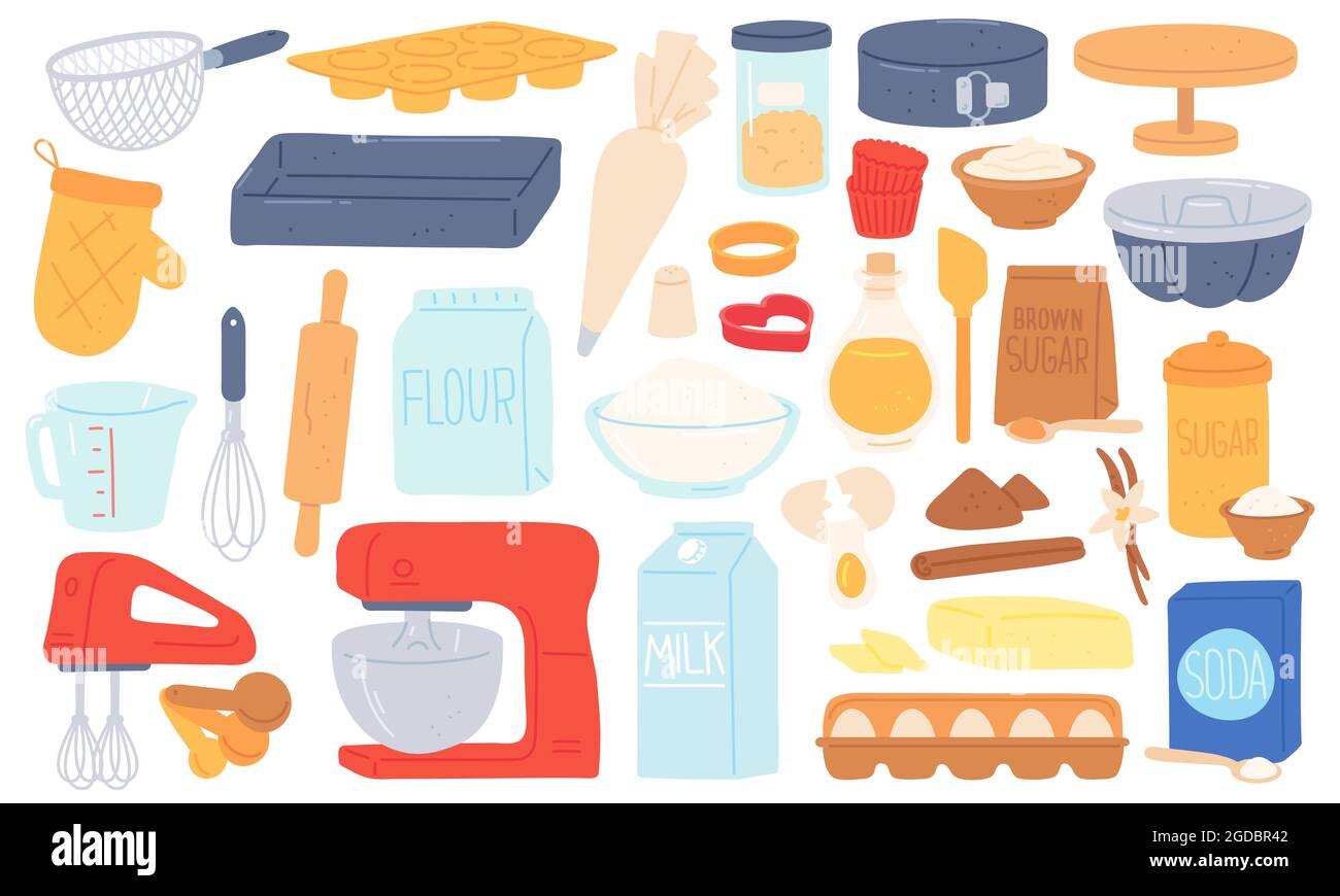 Flat baking ingredient, kitchen utensil and food product. Mixer