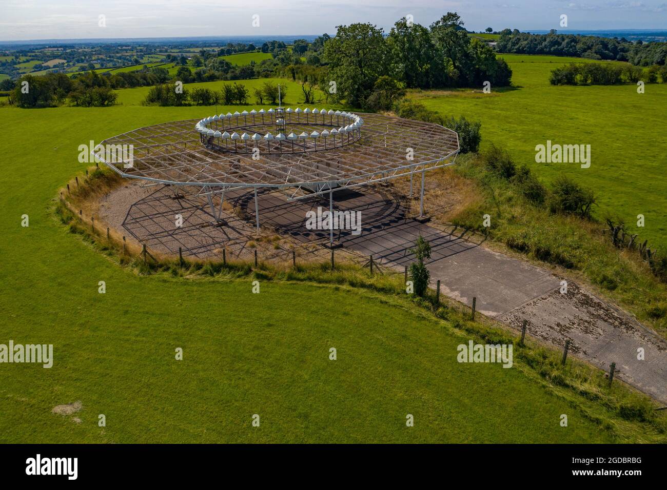 Very high frequency omni-directional range  Aerial Drone View  VOR ground station National Air Traffic Control transmitter VOR DME Trent Derbyshire Stock Photo