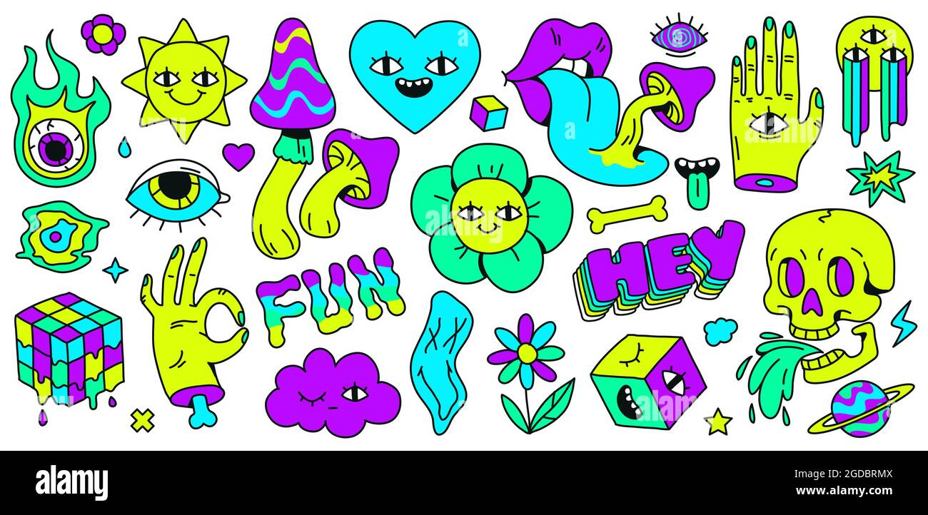 Neon cartoon psychedelic hippy stickers with mushrooms and eyes. Hallucination elements, heart, skull, emoji and ok hand. Groovy vector set Stock Vector