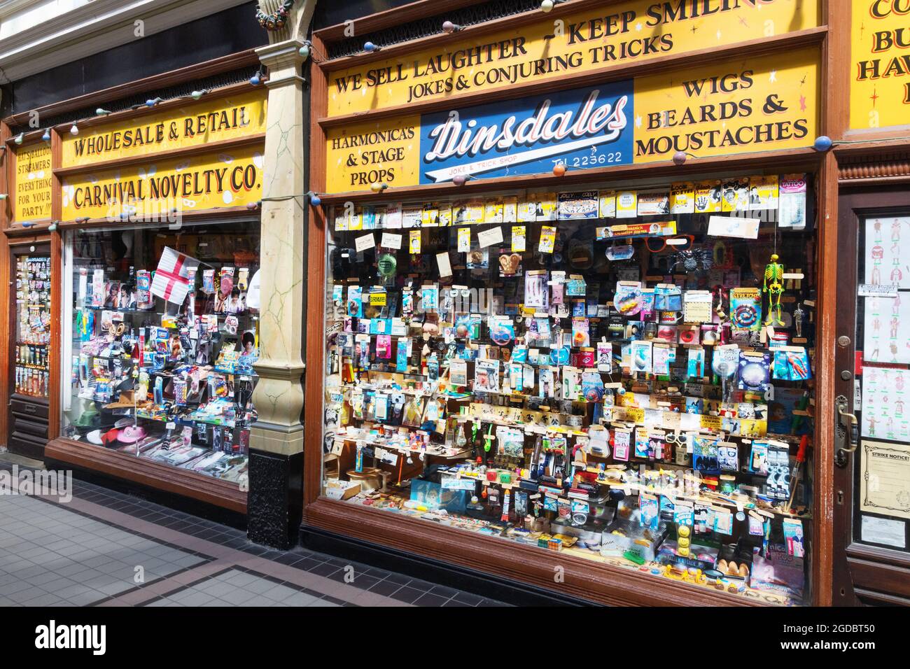 Dinsdales Joke Shop or novelty store, Hepworth Arcade, Trinity Market, Hull Yorkshire UK, a 19th century shopping arcade in Hull. Stock Photo