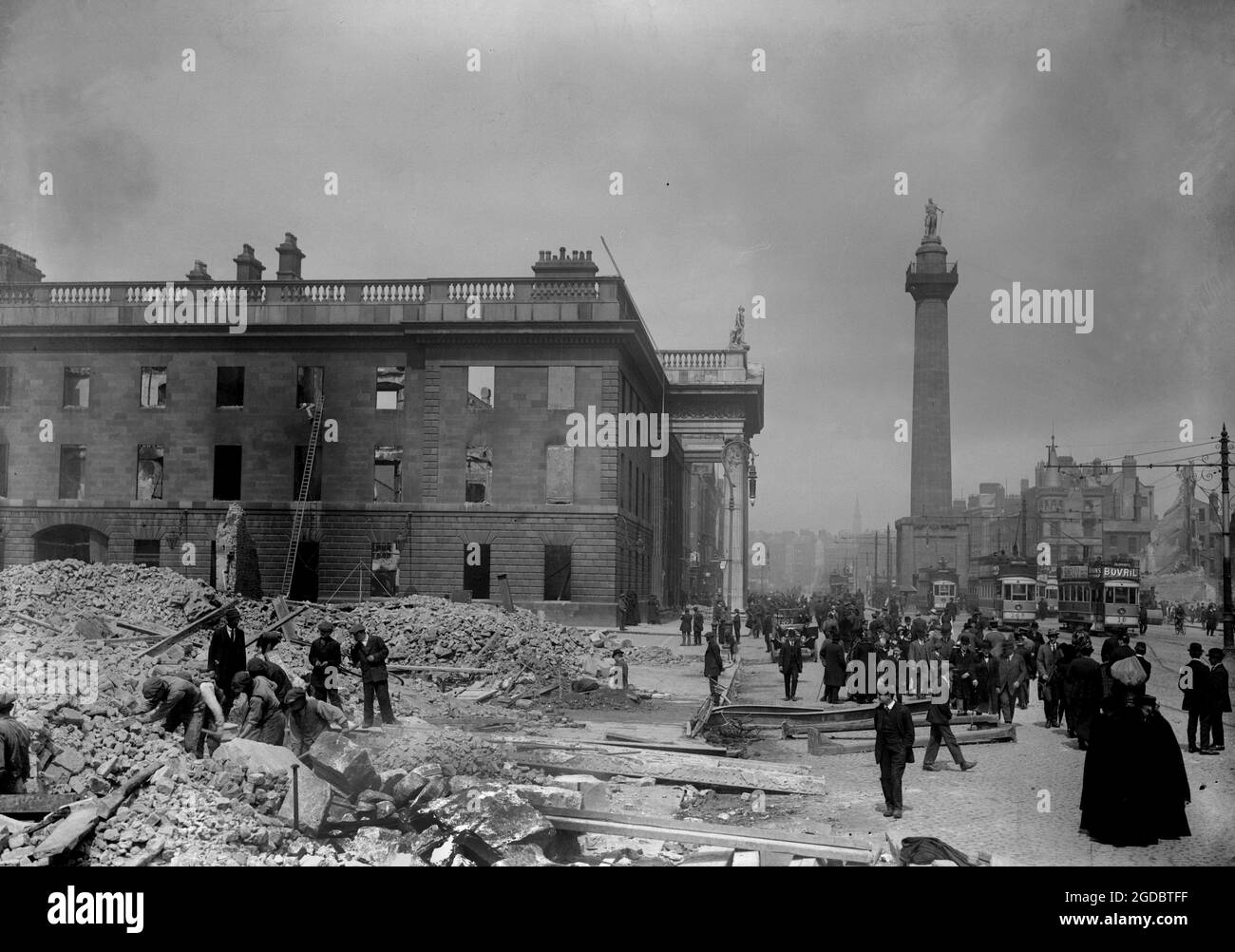 DUBLIN, IRELAND - Circa May 1916 - The shell of the G.P.O. on Sackville Street (later O'Connell Street) in Dublin, Ireland in the aftermath of the 191 Stock Photo