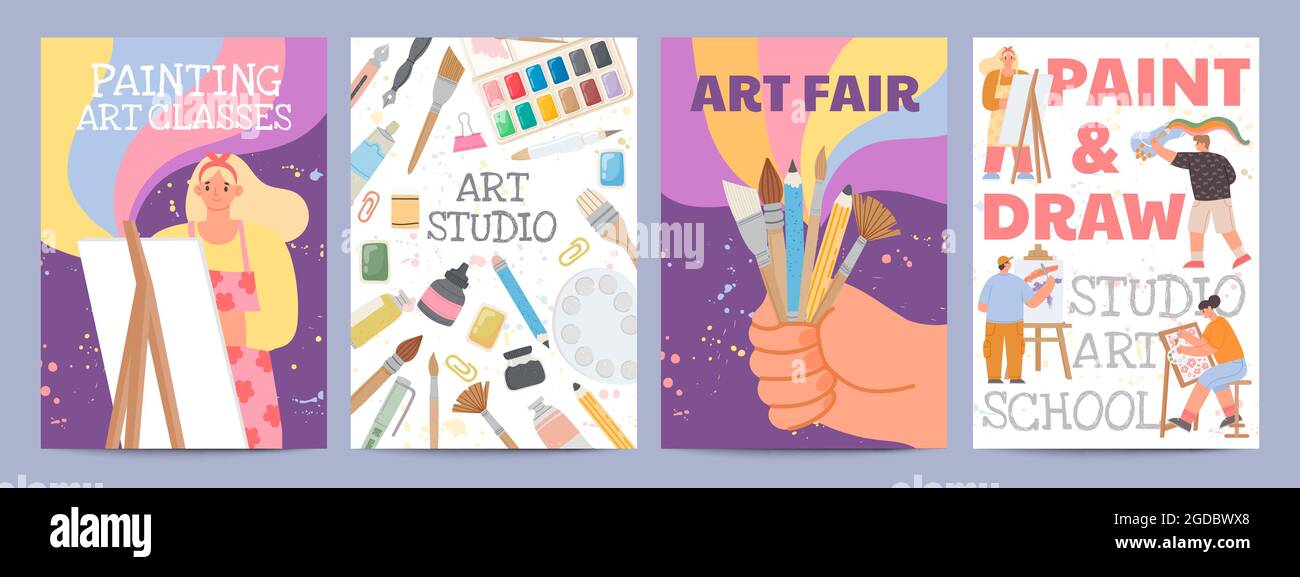 Art school or classes posters with characters and painting supply. Creative drawing course banners with paint brush and material vector set Stock Vector