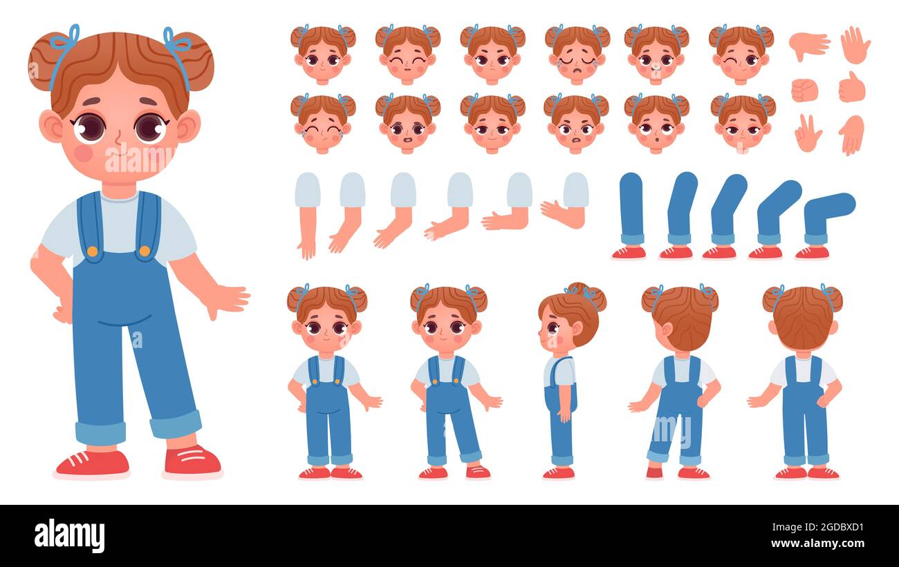 Cartoon little girl character constructor with gestures and emotions. Child mascot side and front view, body parts for animation vector set Stock Vector