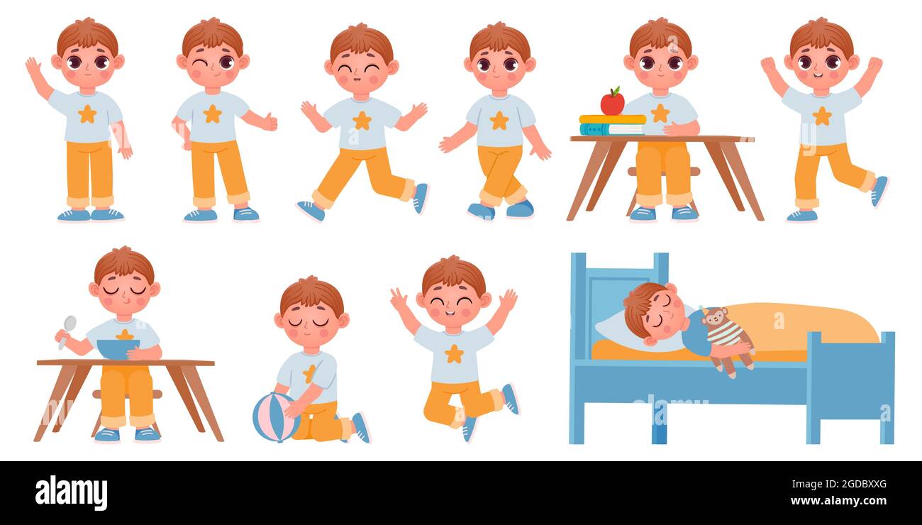 Cartoon kid boy character poses, gestures and expressions for animation. Happy school child playing, sleeping, waving and running vector set Stock Vector