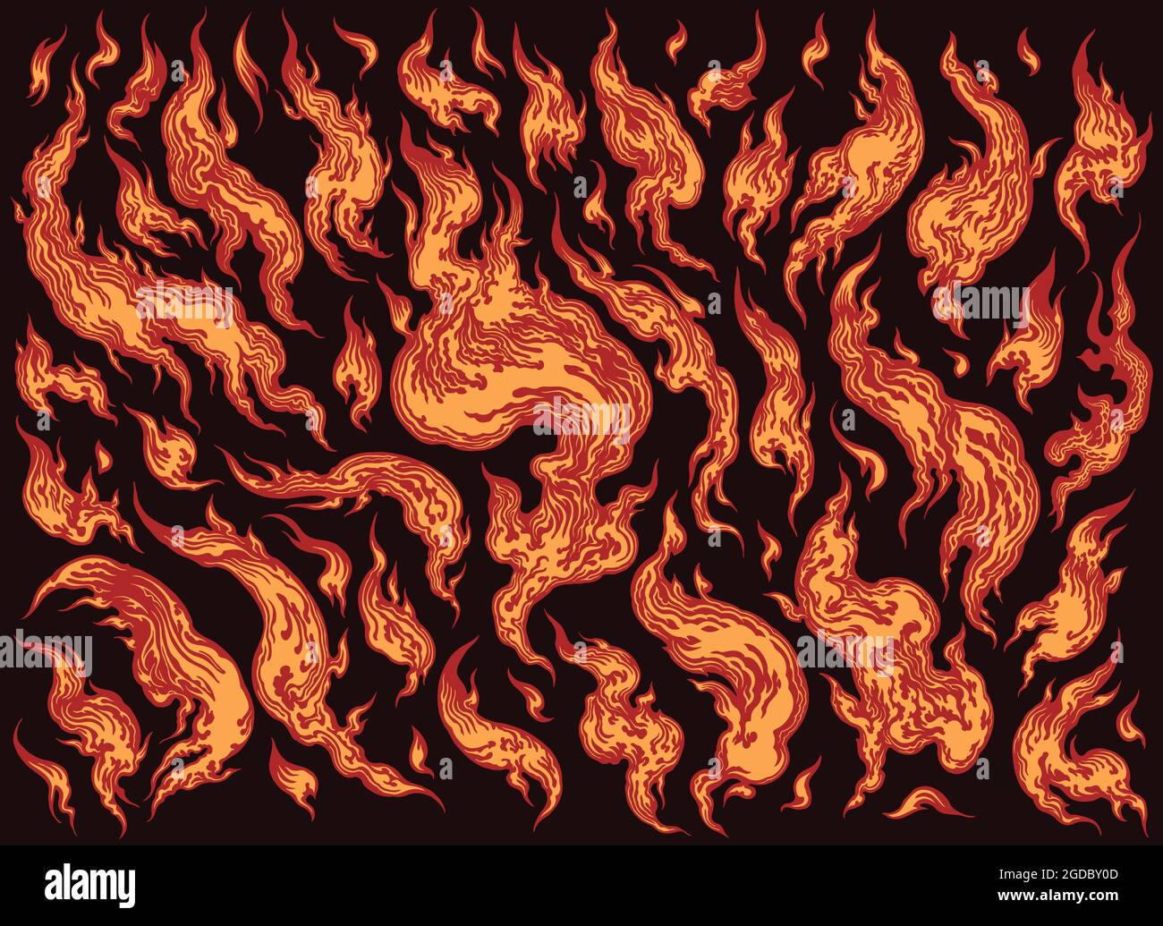 Flames. Design set. Editable hand drawn illustration. Vector engraving ...