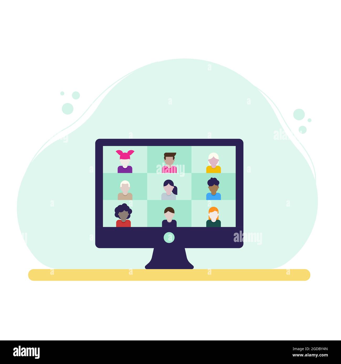 Online class on video conferencing. The children attend the teacher in online class. Desktop computer device video call. Vector illustration, flat des Stock Vector