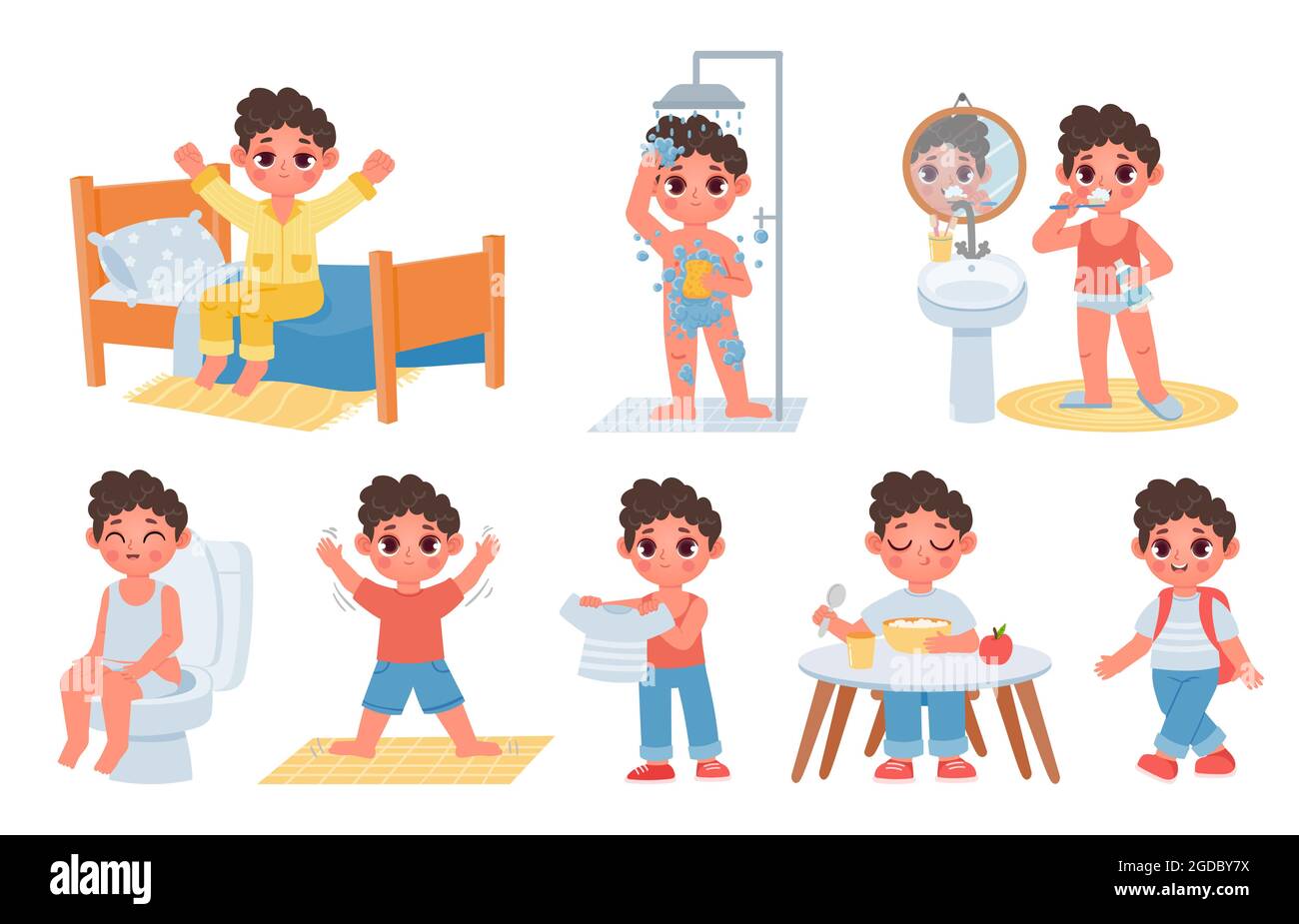 Child morning daily routine with cute cartoon boy character. Kid wake up,  do hygiene, brush teeth and sit on potty. Day schedule vector set Stock  Vector Image & Art - Alamy