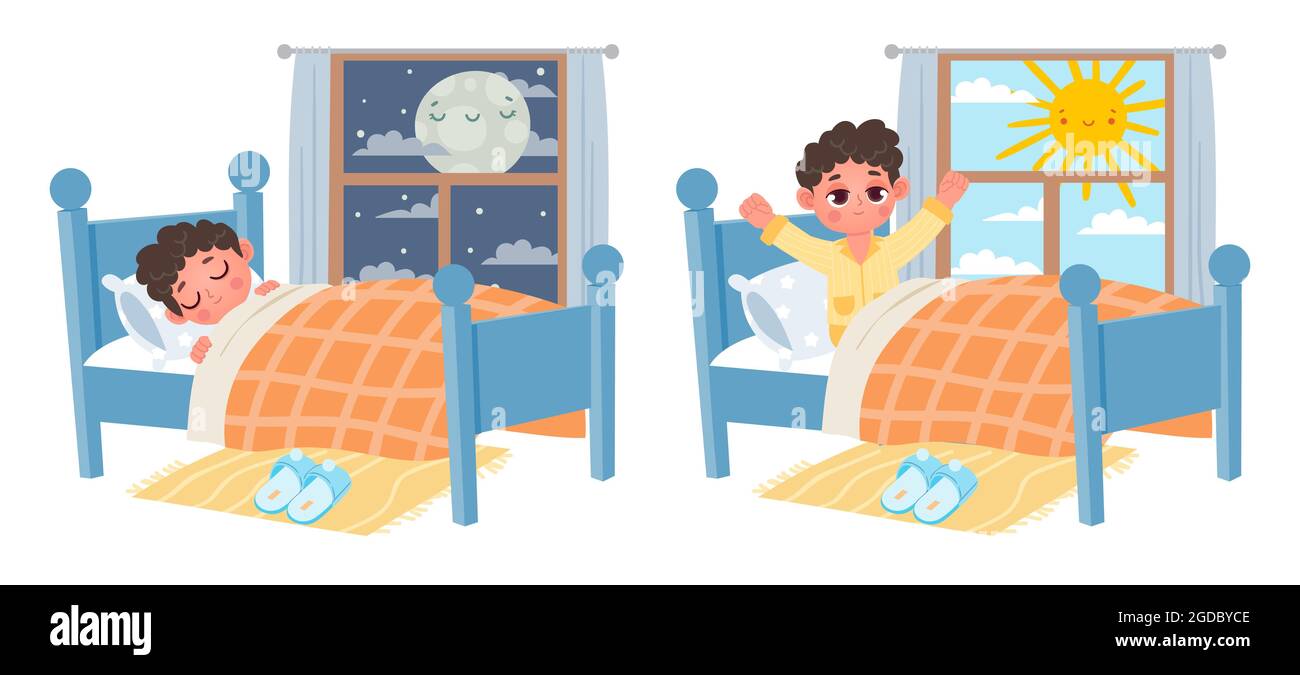 Cartoon kid boy sleep at night, wake up at morning. Child in bed and window with moon or sun. Sweet dreams and healthy sleep vector concept Stock Vector