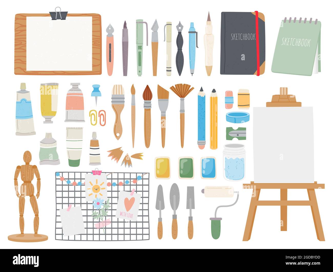 Artist toolkit. Cartoon paint and calligraphy supplies. Sketchbooks and pens, easel, watercolor, paintbrushes and tubes. Drawing vector set Stock Vector