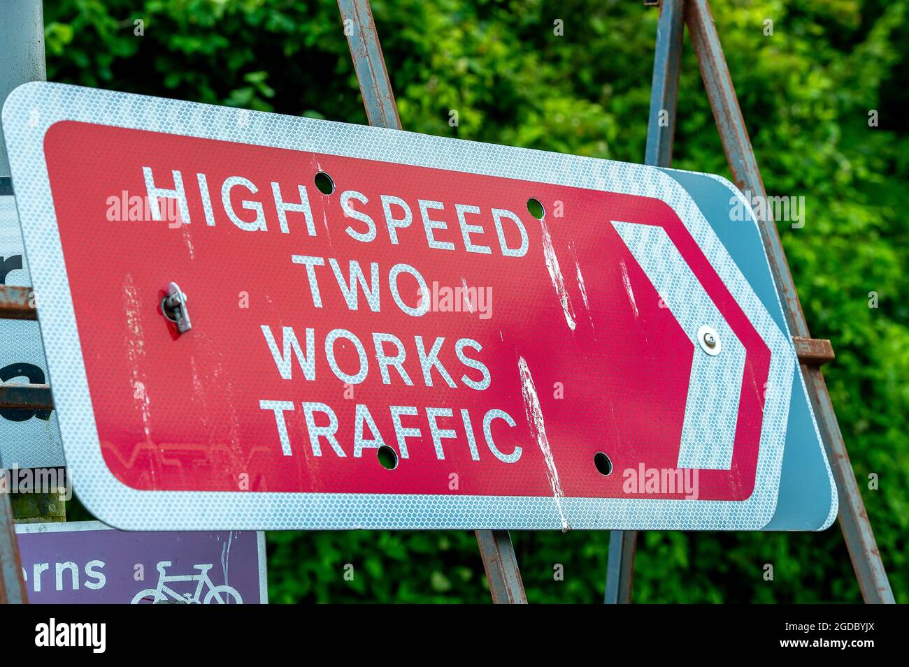 Wendover, Buckinghamshire, UK. 10th August, 2021. One of the many High Speed Two Works Traffic signs around Buckinghamshire for their numerous compounds. Credit: Maureen McLean/Alamy Stock Photo