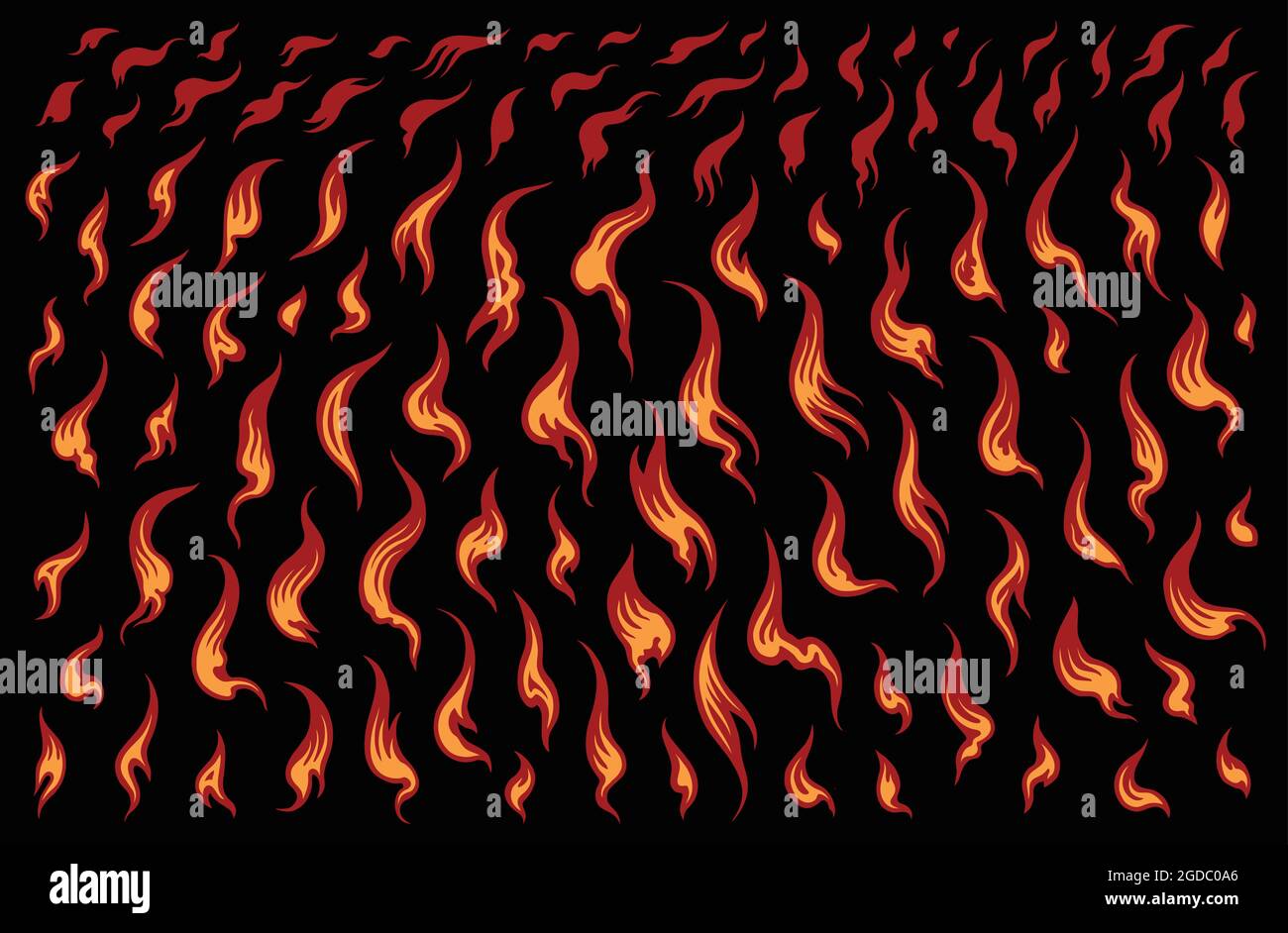 Flames. Design set. Editable hand drawn illustration. Vector engraving. Isolated on black background. 8 EPS Stock Vector