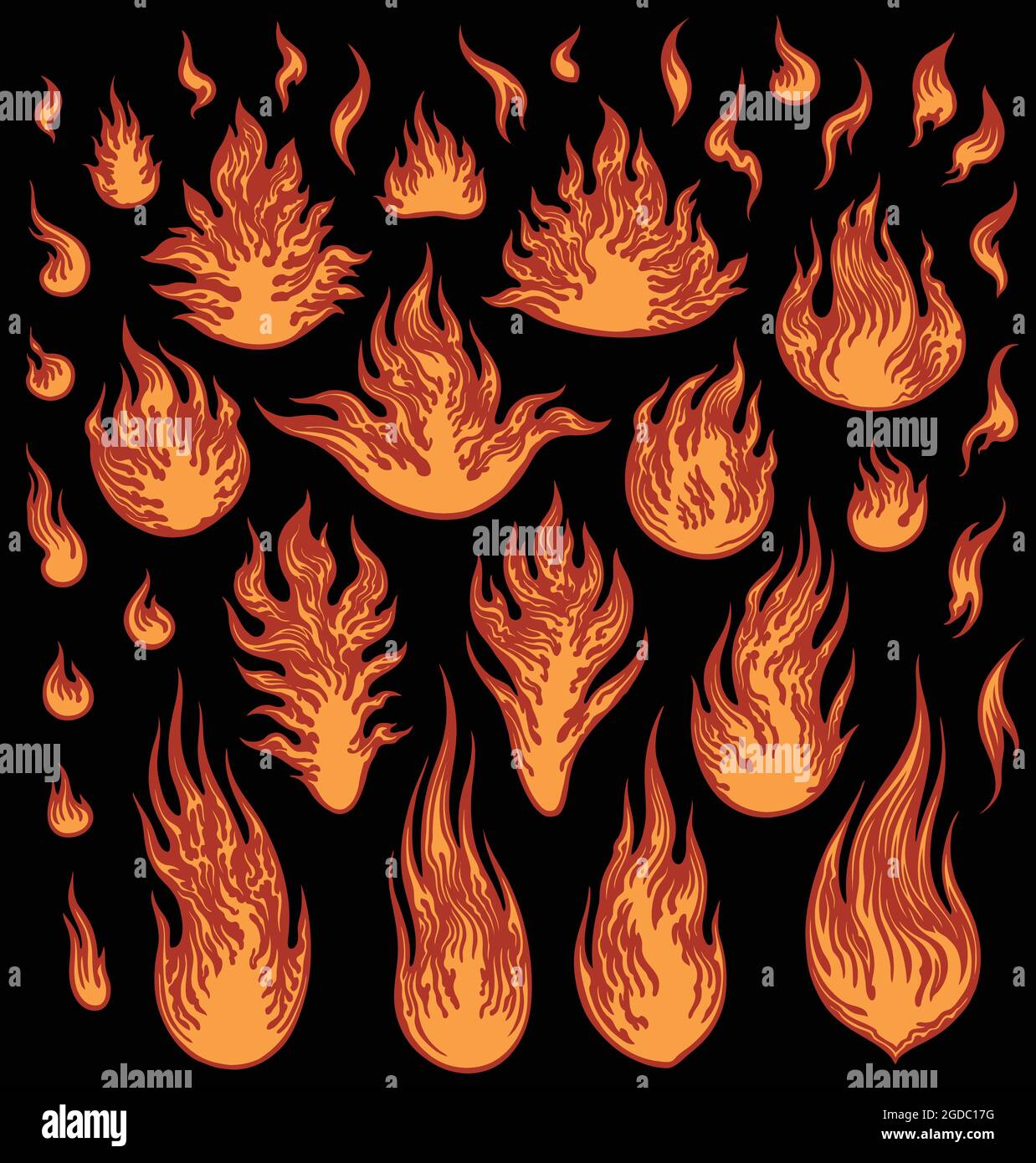Flames. Design set. Editable hand drawn illustration. Vector engraving. Isolated on black background. 8 EPS Stock Vector