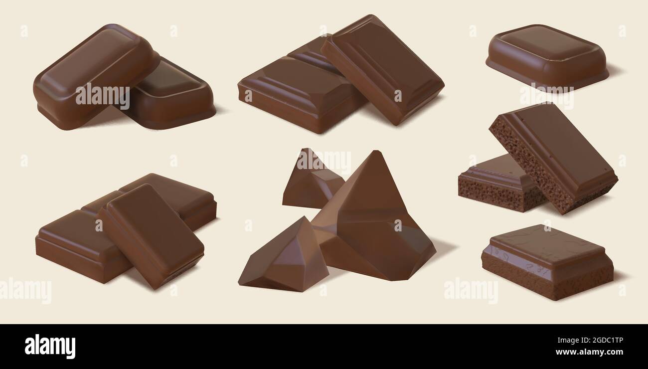 Realistic dark and milk chocolate bar pieces and chunks. 3d bitter