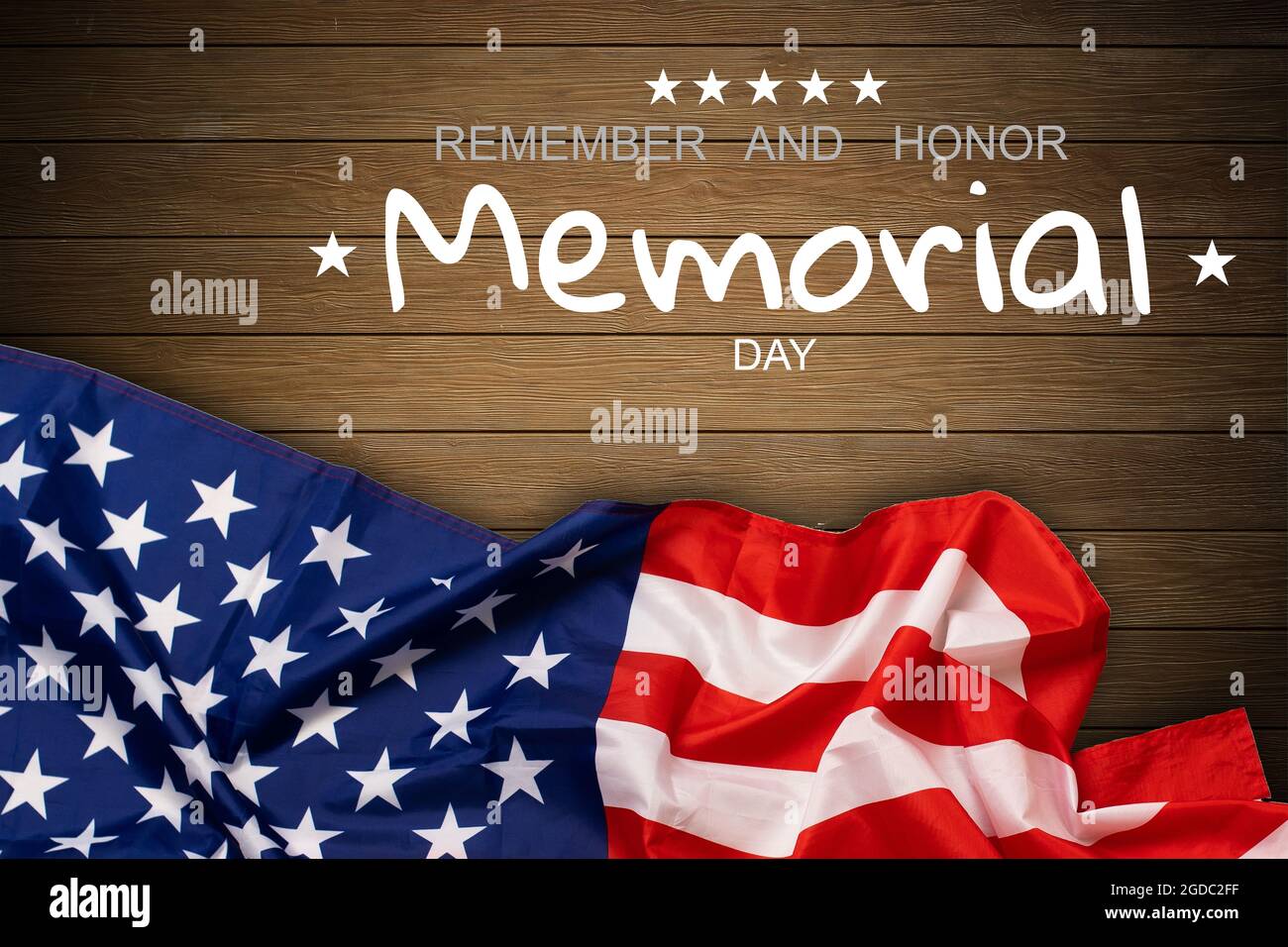 Happy Memorial Day. American flags with the text REMEMBER HONOR against ...