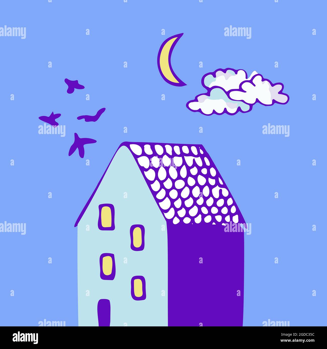 Vector illustration of a house with birds, sky and moon. Doodle design elements.  Stock Vector