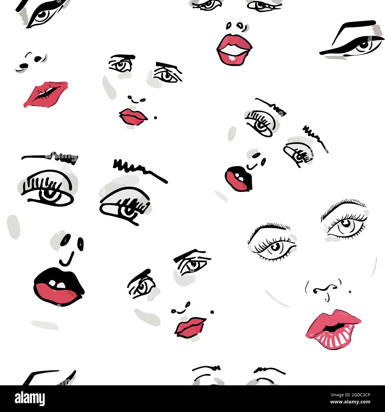 White background pattern with female faces with red lips. Stock Vector