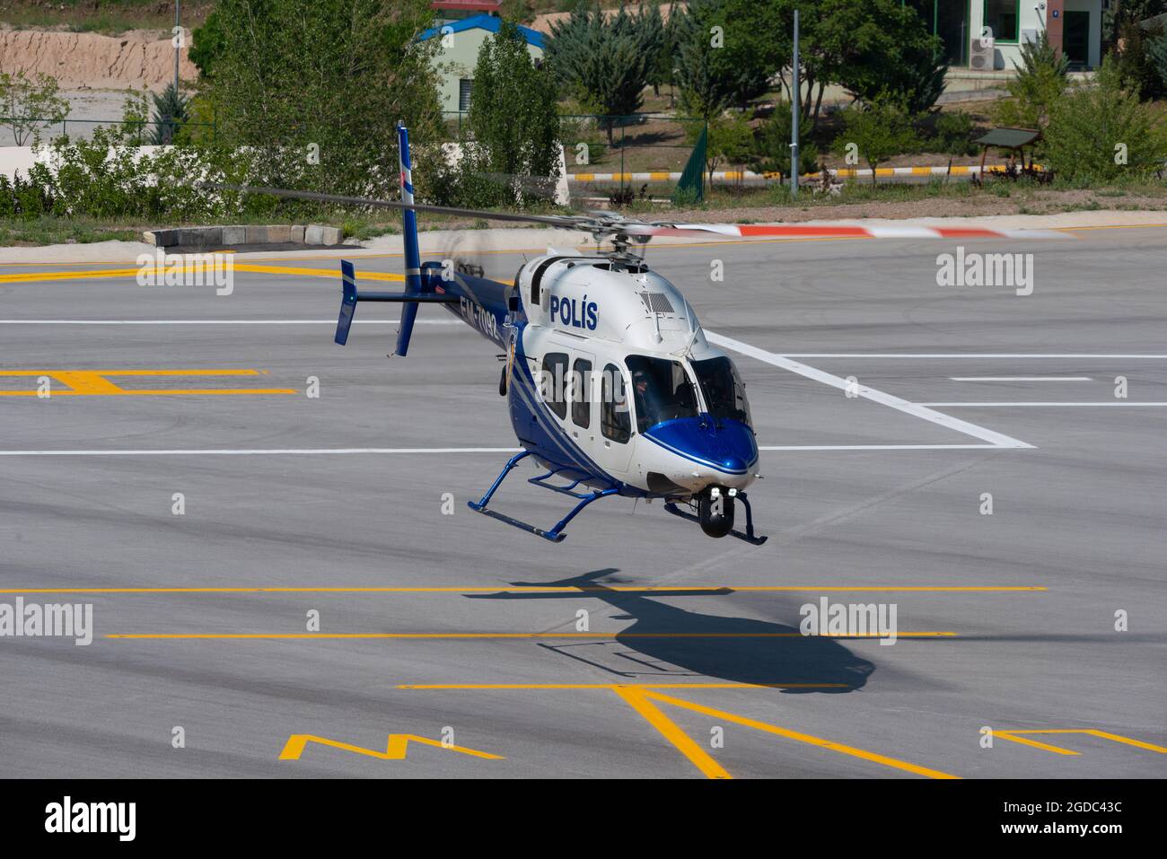 Ankara, Turkey - June 26, 2021: Turkish Police Aviation Bell 429 at display at the 40th anniversary of Turkish Police Aviation Division. Stock Photo