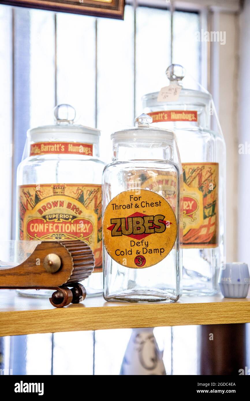 Antique glass jars at Herts & Essex Antiques Centre, Sawbridgeworth, UK Stock Photo