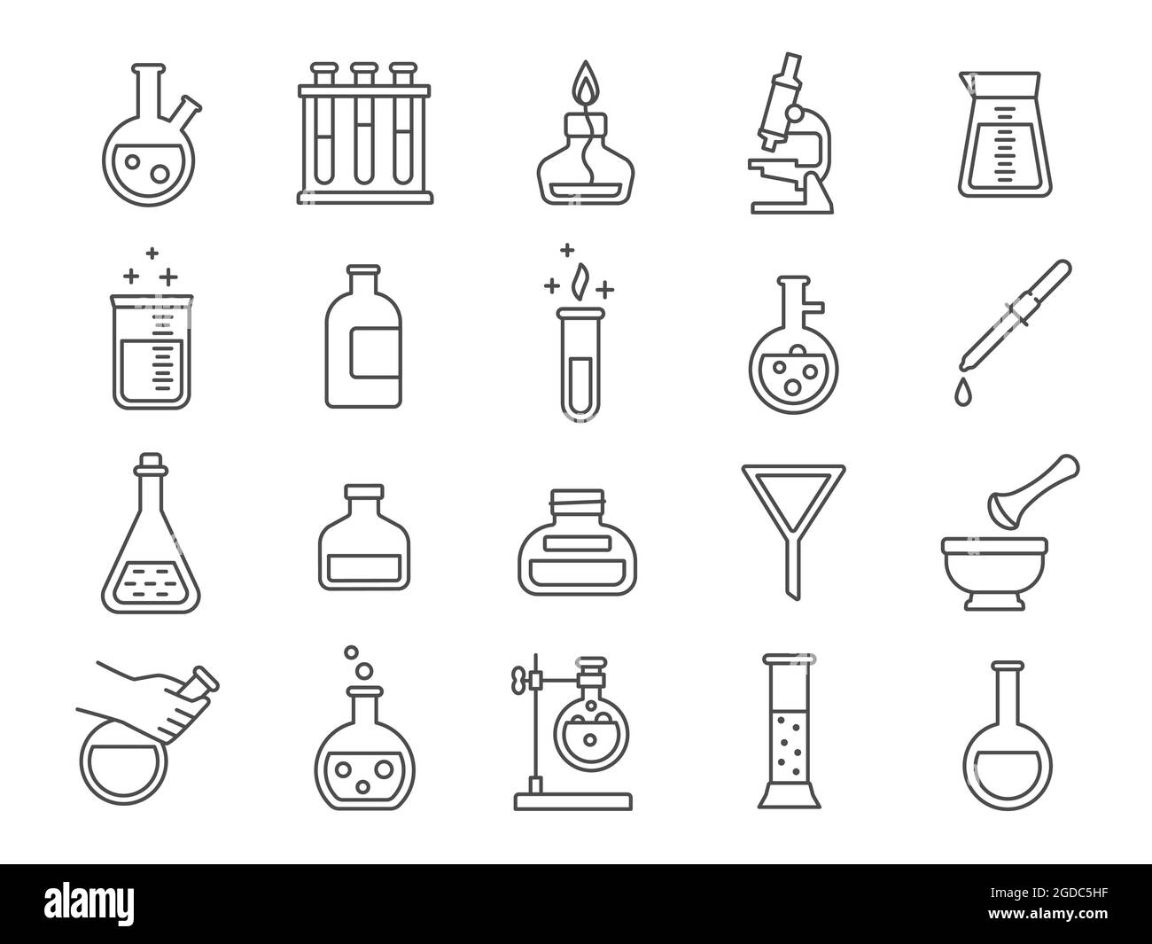 Chemistry or science research laboratory equipment line icons. Pharmacy