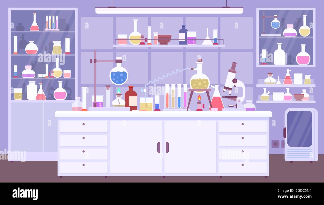 Flat chemical lab room interior with scientist equipment. Chemistry classroom or science laboratory with experiment on table, vector scene Stock Vector