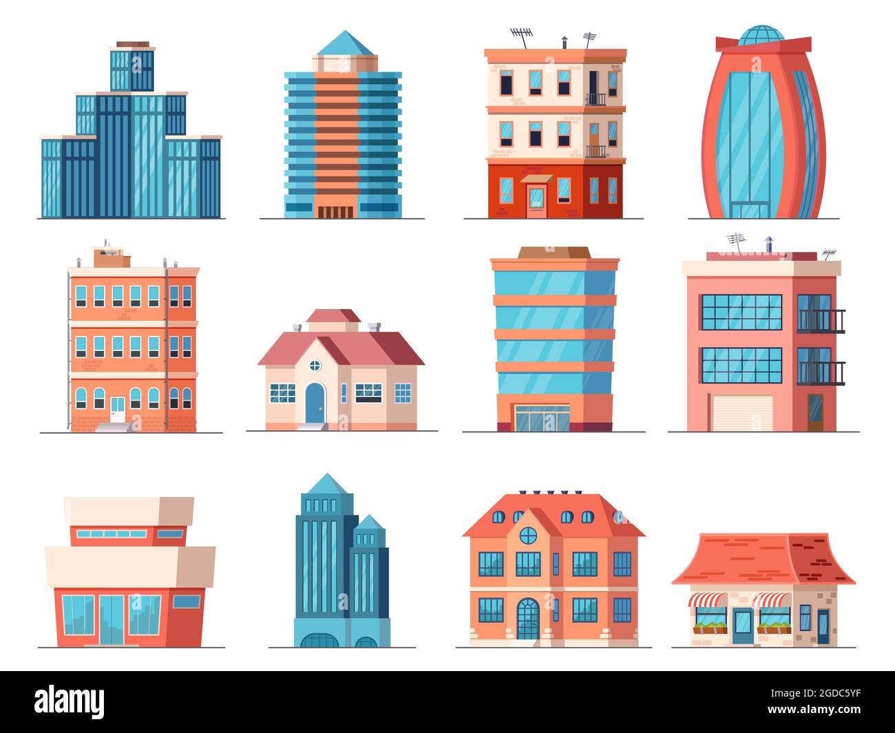 Cartoon office city buildings, skyscraper and downtown apartment house. Real estate, business tower, shop and cafe building. Town vector set Stock Vector
