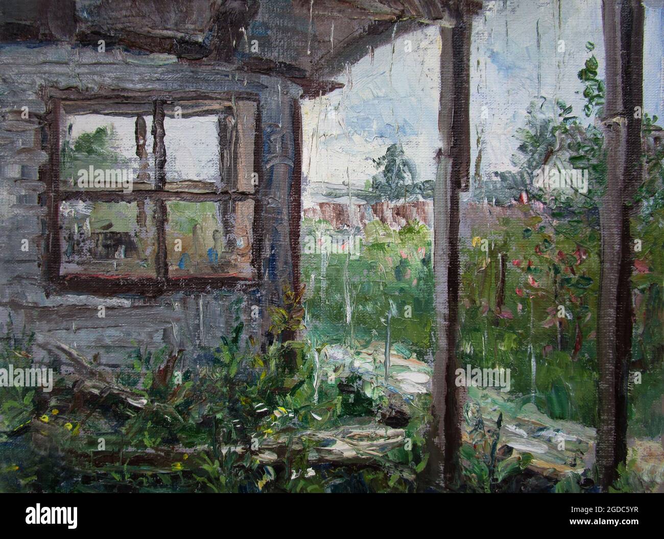 Rain in the country in summer, oil painting with palette knife Stock Photo