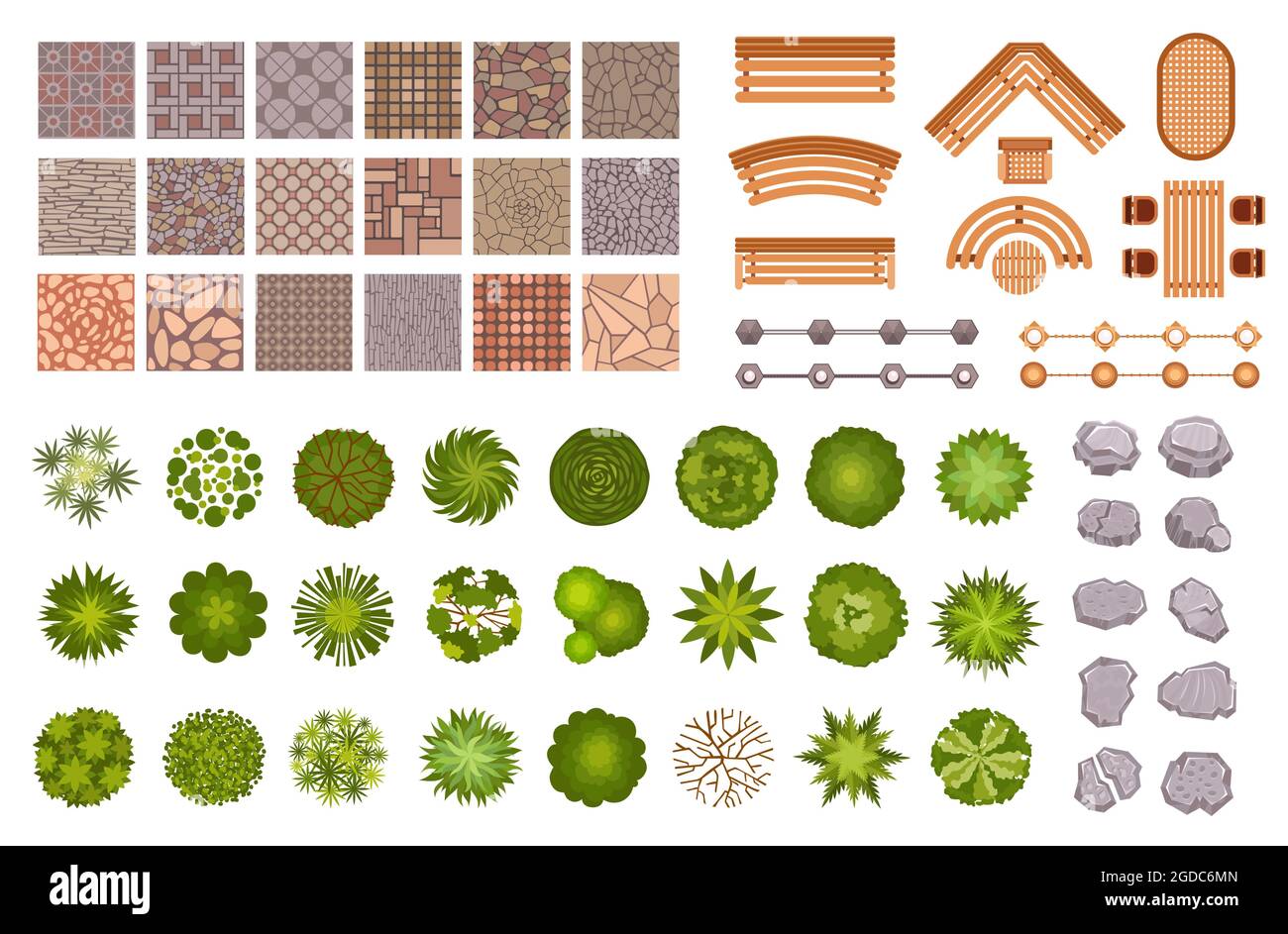 City park landscape design map elements top view. Garden trees and plant,  benches, road path tile and rocks from above. Park plan vector set Stock  Vector Image & Art - Alamy