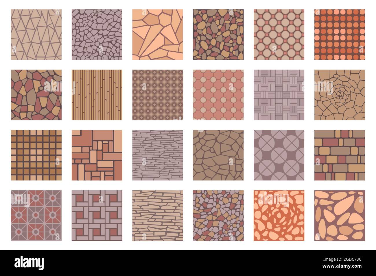Street road pavements tile patterns top view. Floor tiles with rock, brick and cobble stone texture. Paved patio or park sidewalk vector set Stock Vector