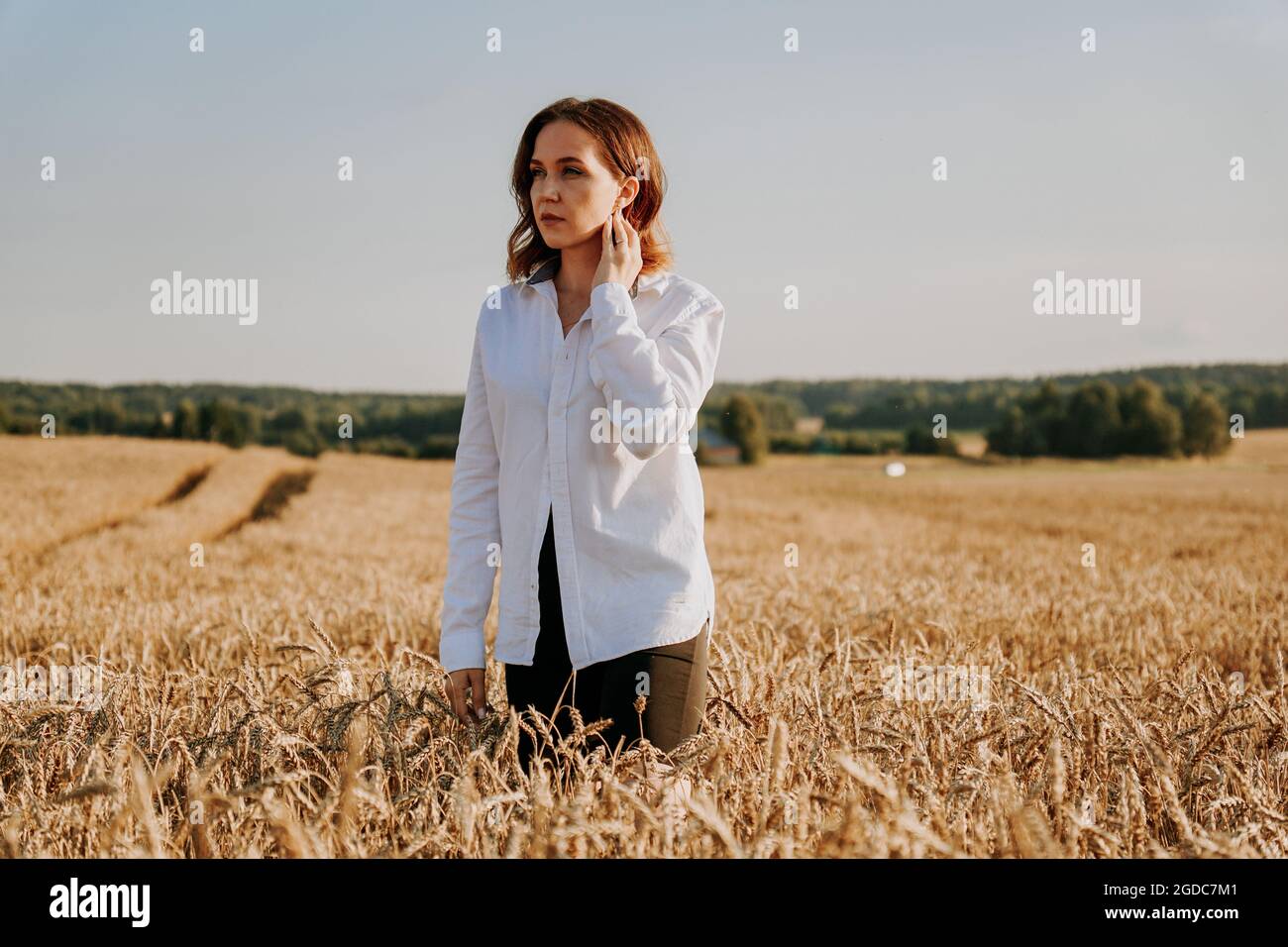 Portrait of a beautiful red-haired girl in a white shirt. She stands in a rye field on a sunny day. Calm facial expression. The concept of appeasement Stock Photo