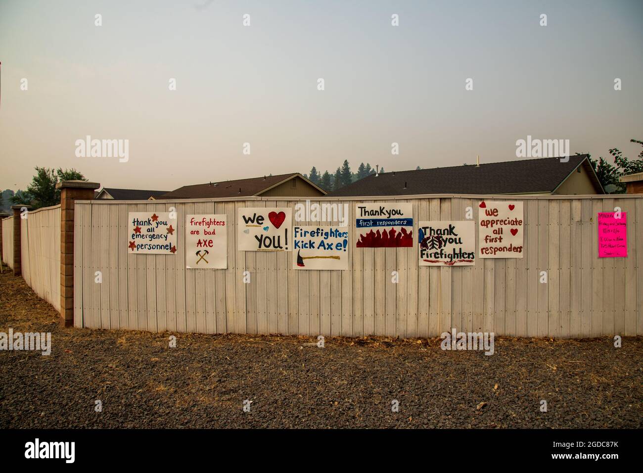 AUGUST 12, 2021 – SUSANVILLE, CALIFORNIA, USA.  Signs at the entrance to a neighborhood express residents’ appreciation for firefighters. Stock Photo