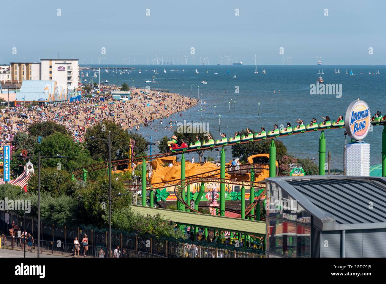 View over Southend on Sea seafront with beach, beaches, Adventure Island theme park ride and 