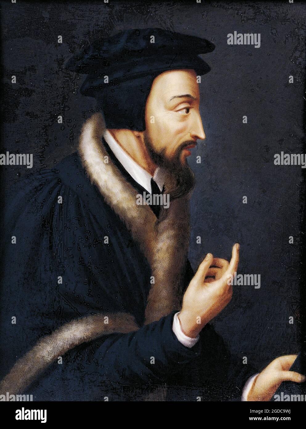 Title: Portrait of John Calvin, French theologian and religious reformer, Miniature Creator: Jeanne Henriette Rath Medium: Tempera  Location: Bibliotheque Publique et Universitaire, Geneva, Switzerland Stock Photo