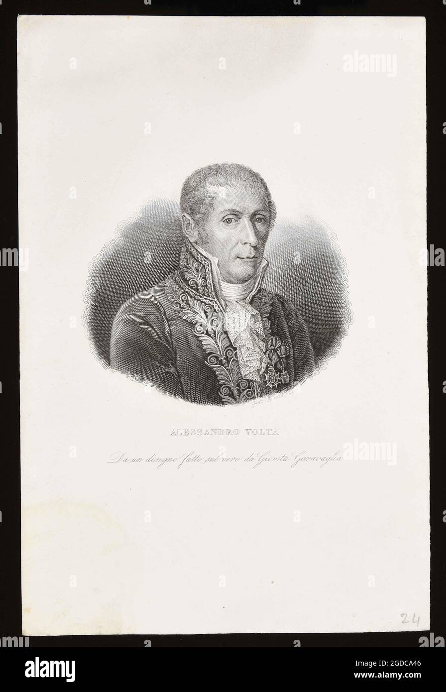 Title: Alessandro Volta. Creator: Gaetano Bonatti Date: 1837 Medium: Copper engraving Dimension: 268x178 mm Location: Municipal Library of Trento Stock Photo