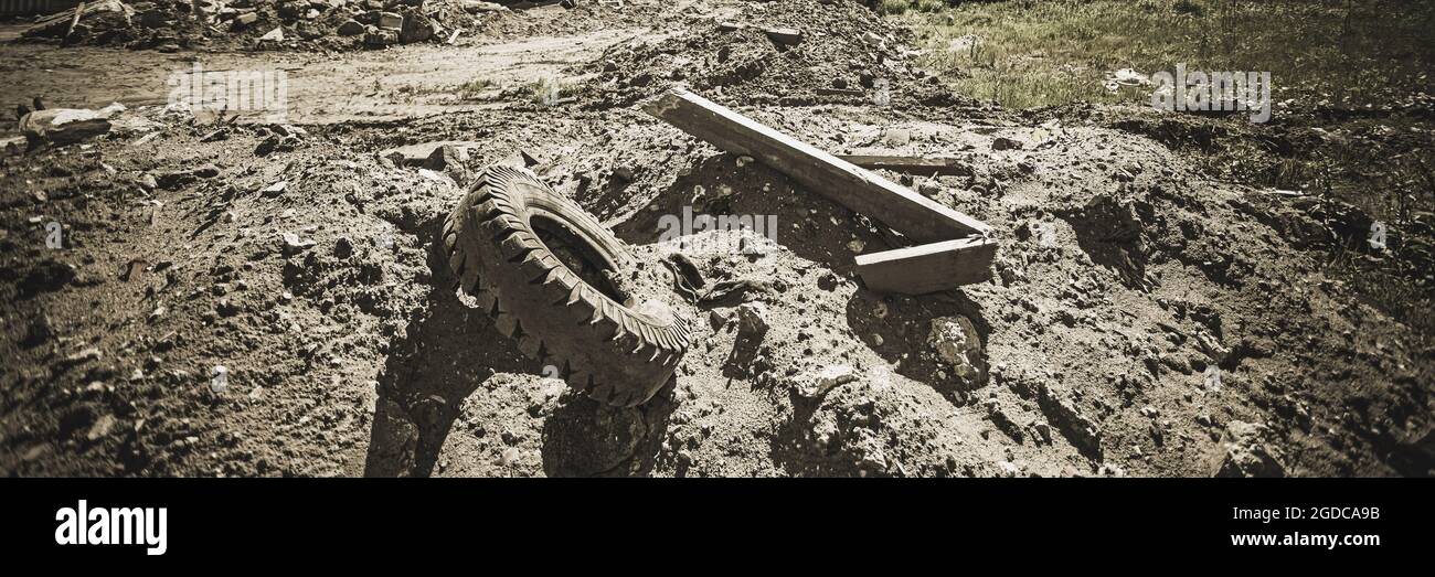 Garbage dump. Landfill of concrete, brick, debris, paper, dust