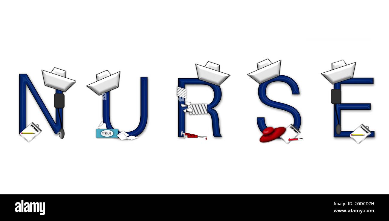 https://c8.alamy.com/comp/2GDCD7H/graphic-sign-says-nurse-blue-letters-on-a-white-background-are-decorated-with-a-nurses-cap-and-medical-equipment-2GDCD7H.jpg