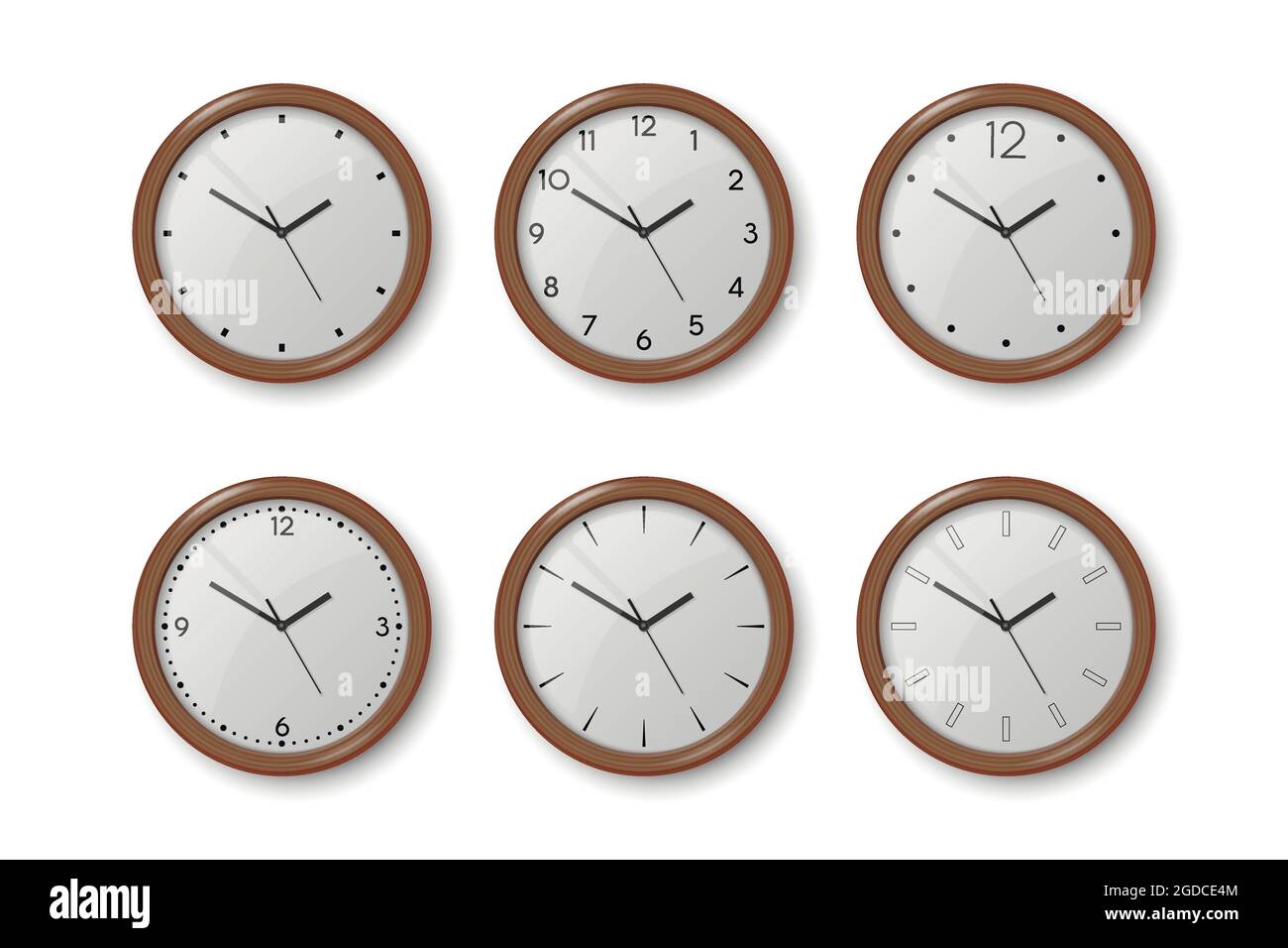 Vector 3d Realistic Dark Brown Wooden Wall Office Clock Icon Set ...