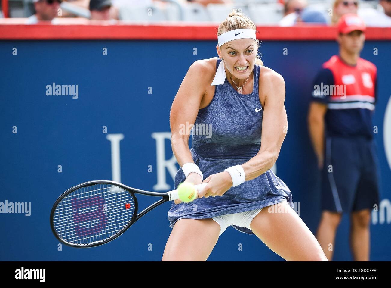 Montreal, Canada. 12th Aug, 2021. August 12, 2021: Petra Kvitova (CZE)  returns the ball during the WTA National Bank Open third round match at IGA  Stadium in Montreal, Quebec. David Kirouac/(Photo by