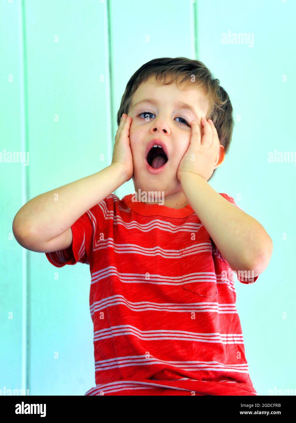 Little boy reacts to the news it is chore day. He has his hands