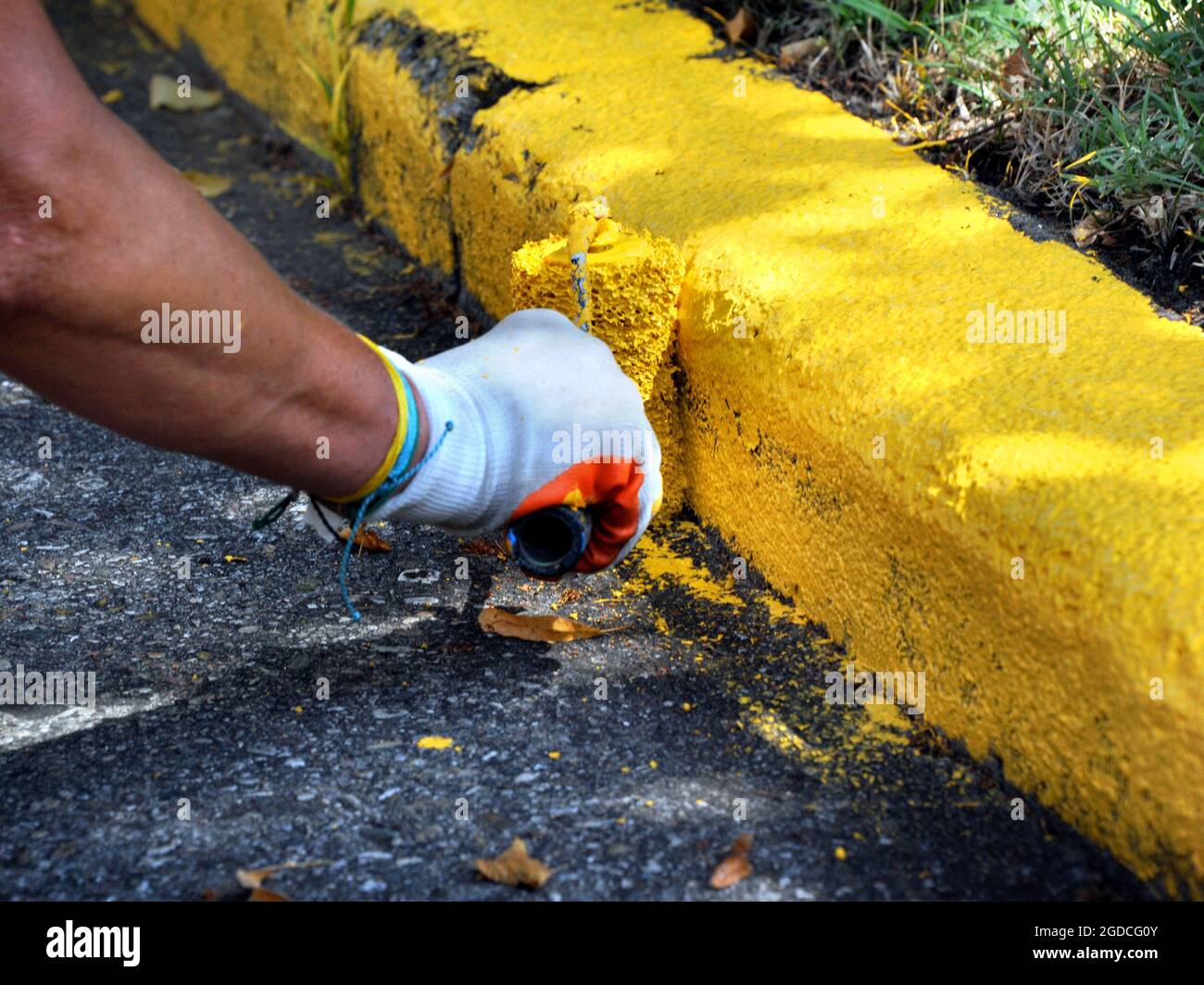 Street workers repaint the street curb in yellow. They are using paint