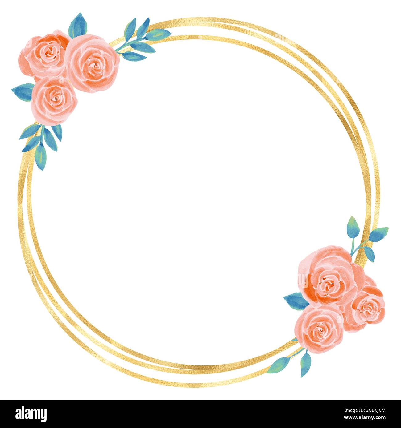 Gold circle frame with watercolor flower. Golden geometric border with  peach roses and navy blue branches clipart Stock Photo - Alamy