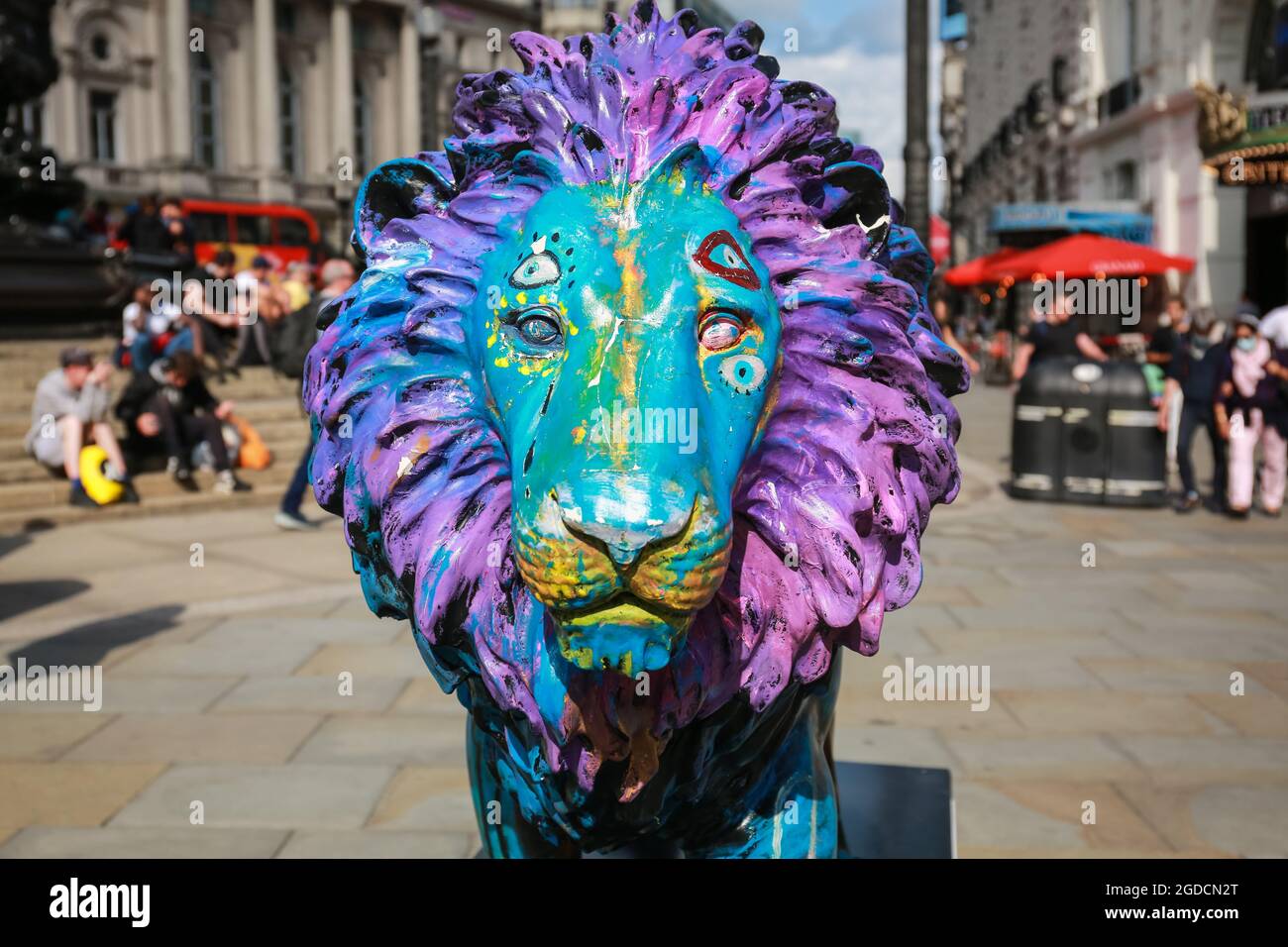 London, UK. 10 August  2021. The Tusk Lion Trail 2021. Lion sculpture by Noel Fielding in Piccadilly Circus. Credit: Waldemar Sikora Stock Photo