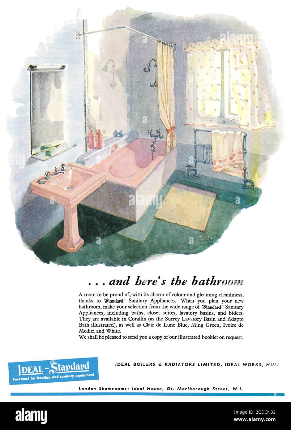 1950 British advertisement for Ideal-Standard bathroom fittings. Stock Photo