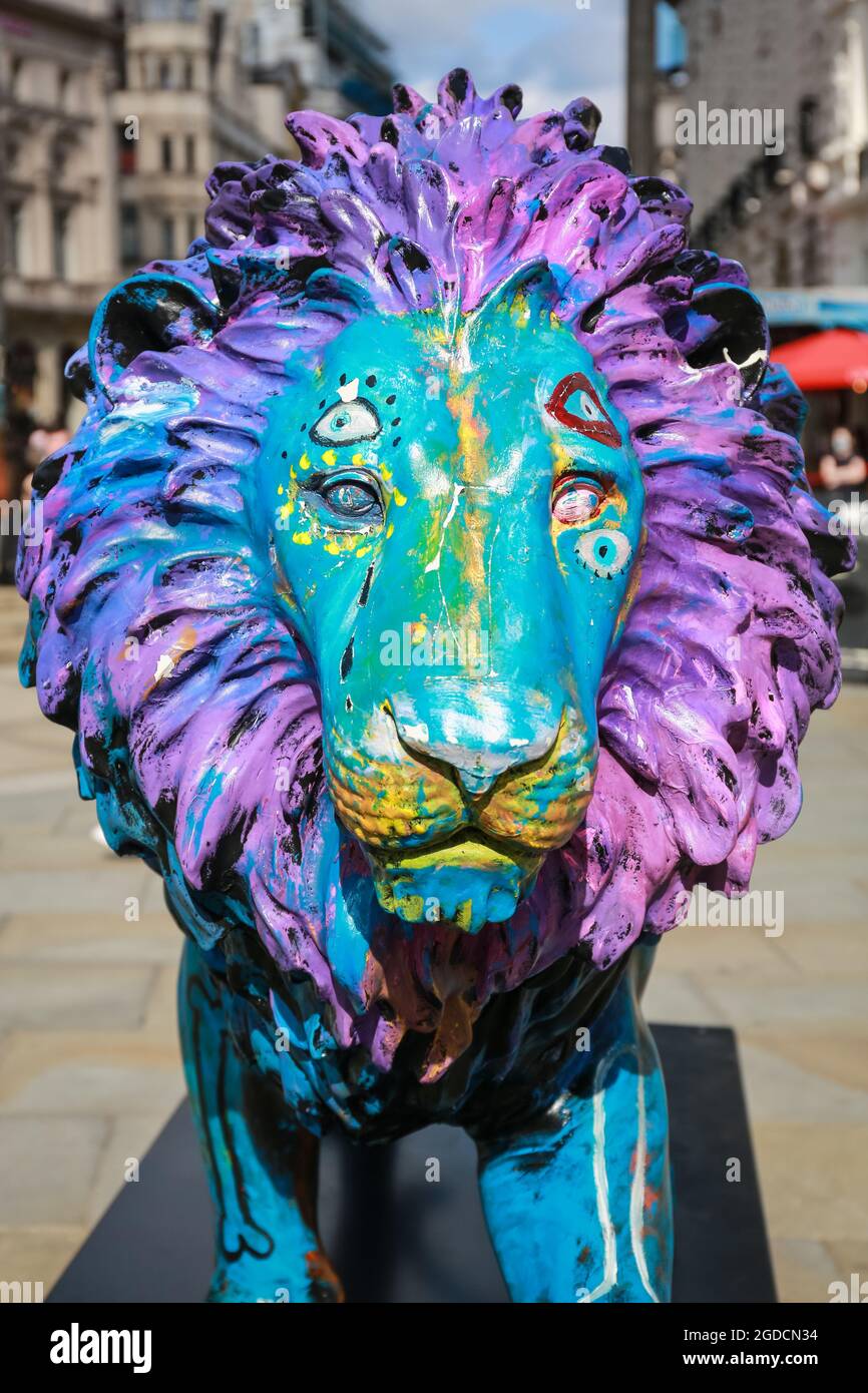 London, UK. 10 August  2021. The Tusk Lion Trail 2021. Lion sculpture by Noel Fielding in Piccadilly Circus. Credit: Waldemar Sikora Stock Photo