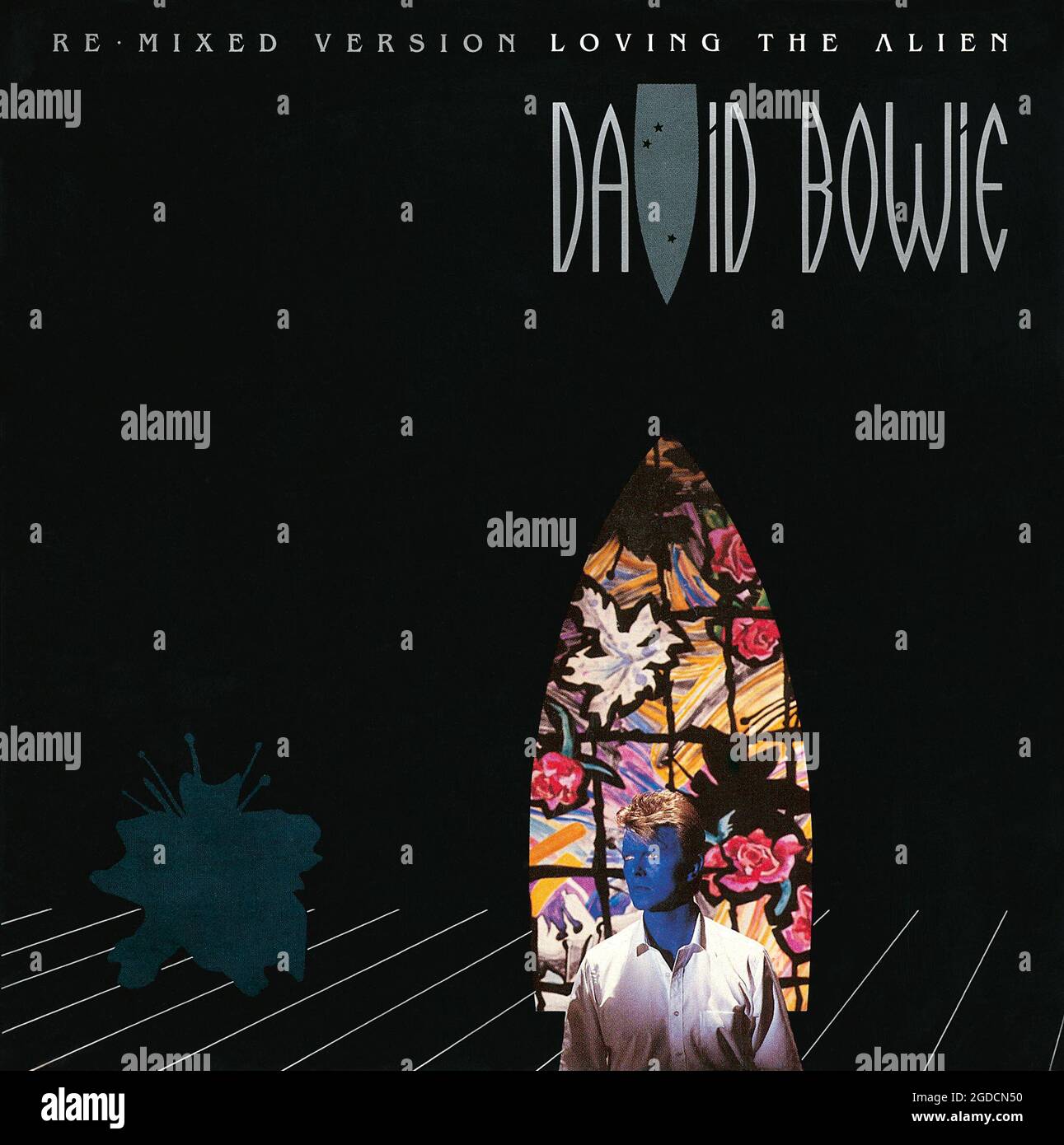Front cover of the record sleeve for the UK 45 rpm vinyl single of Loving The Alien by David Bowie. Issued on the EMI America label in May 1985. Written by David Bowie and produced by David Bowie, Derek Bramble and Hugh Padgham. Stock Photo