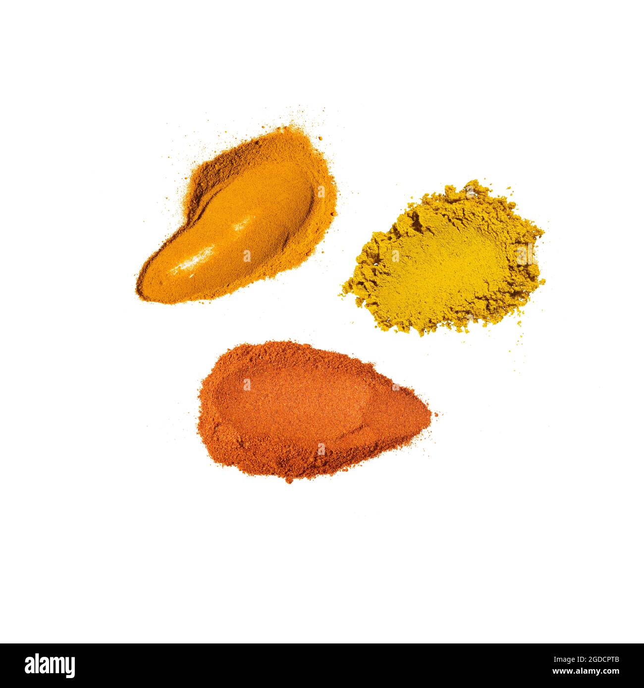 Turmeric, curry and paprika spice set. organic powders Stock Photo