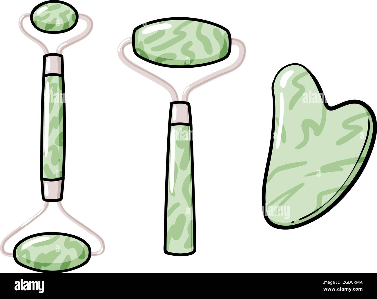 Gua Sha and facial massage roller tool isolated on white background. Green quarts stone self massage scraper. Home beauty routine. Modern flat doodle set of illustrations of Gua Sha Stock Vector