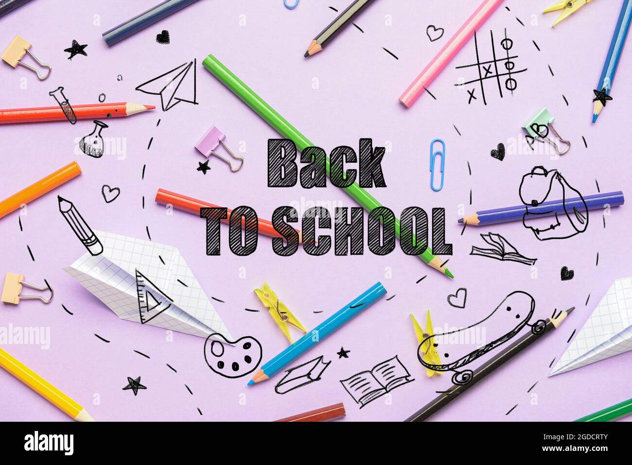 Set of stationery with text BACK TO SCHOOL on color background Stock ...