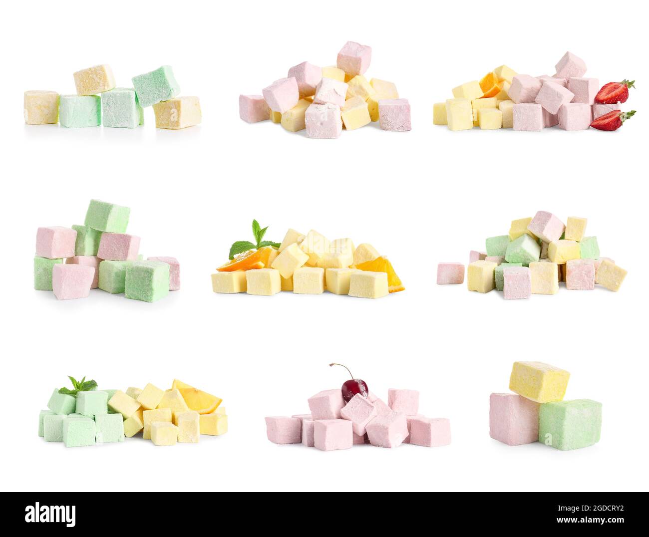 Colorful sweet marshmallows on white background Stock Photo - Alamy