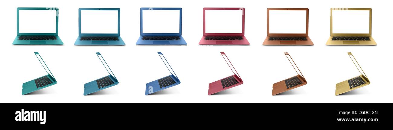 Modern laptops in different colors on white background Stock Photo - Alamy
