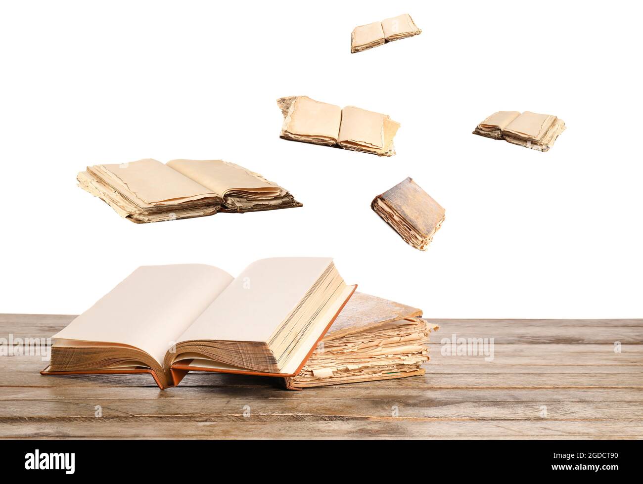 Flying old books on white background Stock Photo Alamy